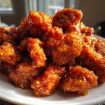 Close-up of crispy, glazed pieces of orange chicken recipe piled high on a white plate, glistening in the light.