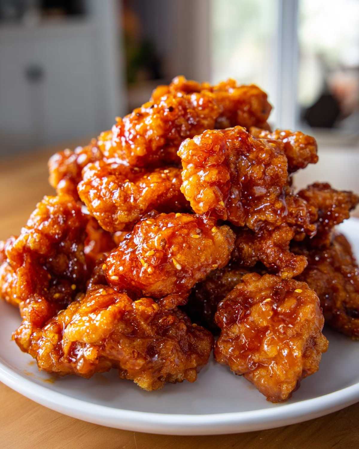 A close-up of crispy, glazed pieces of orange chicken recipe piled high on a white plate.