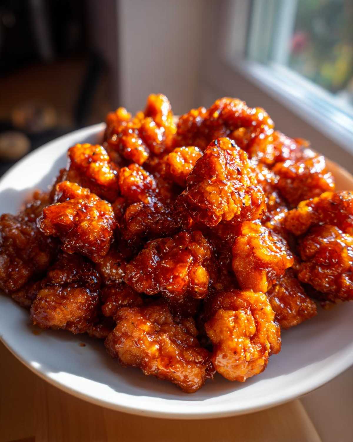 A plate piled high with crispy, glazed pieces of orange chicken recipe, glistening under natural light.