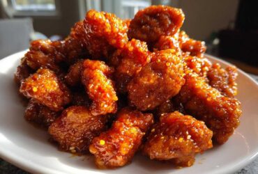 Close-up of crispy, glazed pieces of orange chicken recipe piled high on a white plate, glistening in the light.