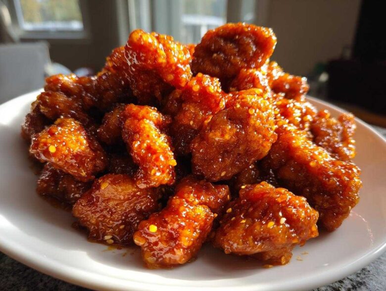 Close-up of crispy, glazed pieces of orange chicken recipe piled high on a white plate, glistening in the light.