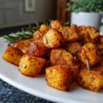 A close-up of perfectly crispy, seasoned breakfast potatoes tossed with fresh rosemary on a white plate.