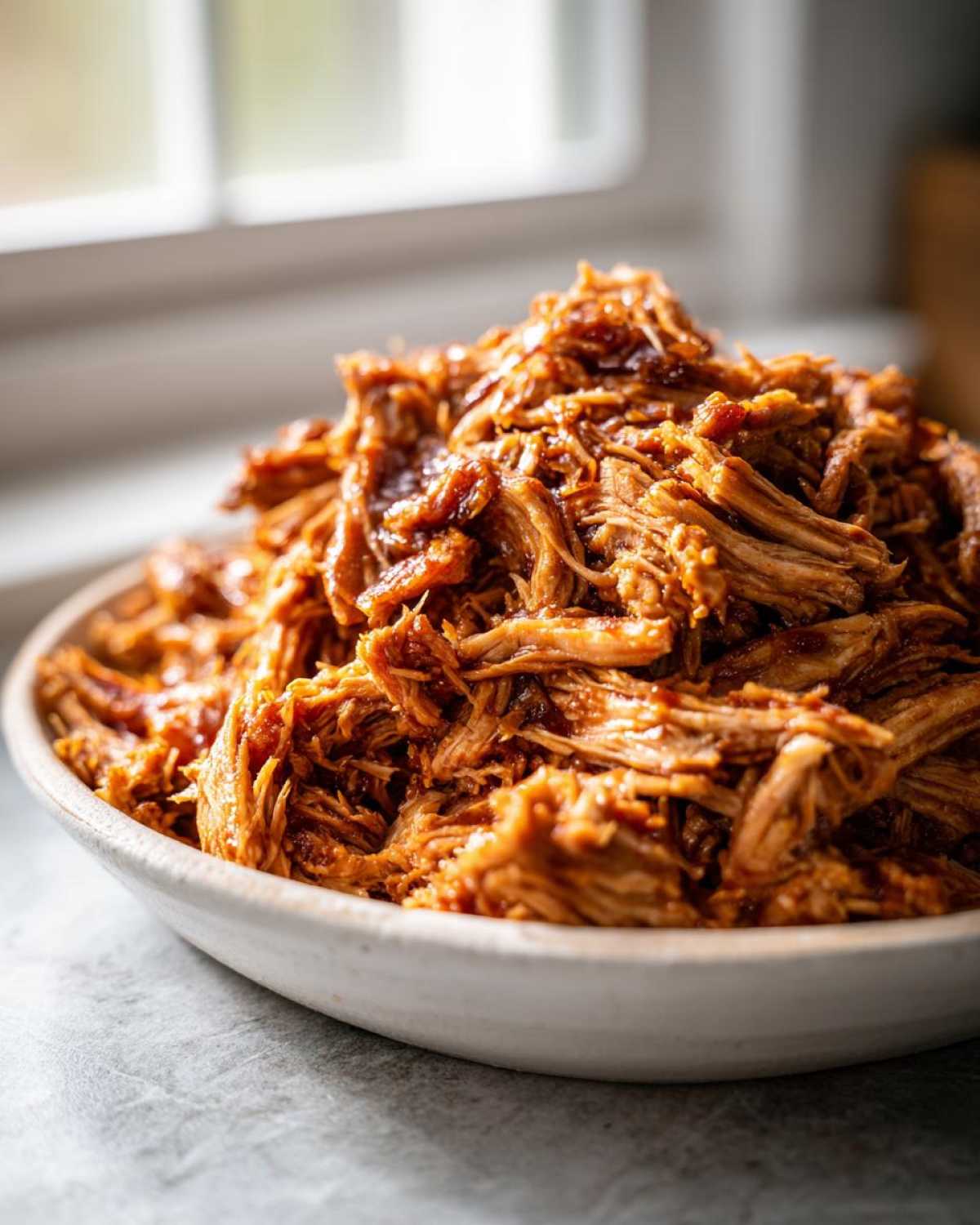 Close-up of a bowl piled high with saucy, shredded crock pot pulled pork.