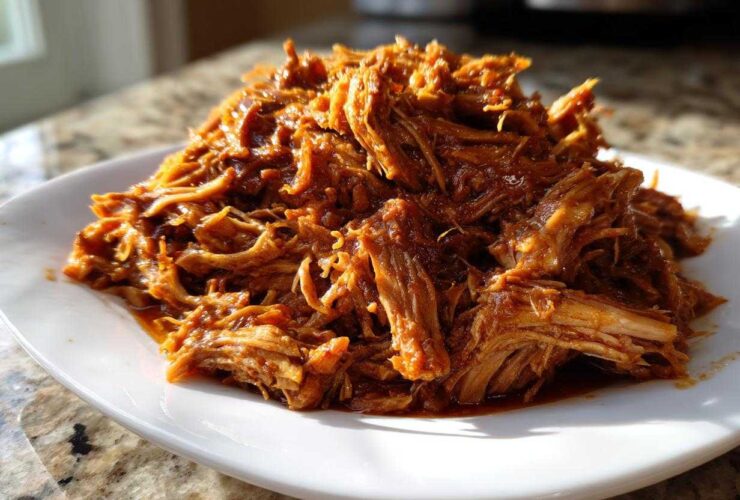 A close-up of tender, saucy crock pot pulled pork piled high on a white plate, glistening in the sunlight.