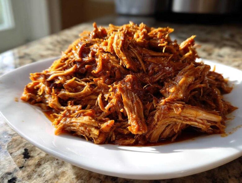 A close-up of tender, saucy crock pot pulled pork piled high on a white plate, glistening in the sunlight.