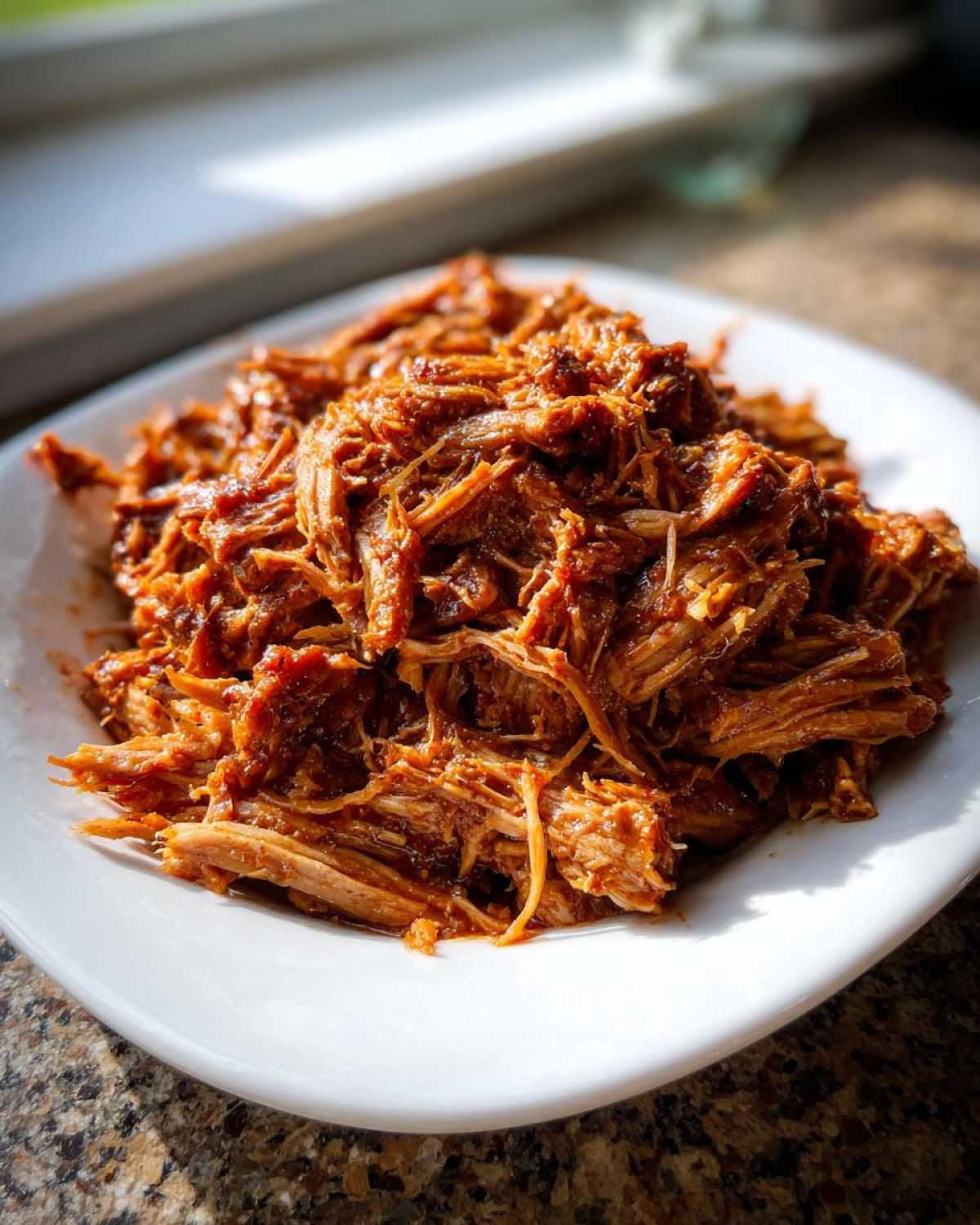 A mound of saucy, shredded crock pot pulled pork piled high on a white plate, ready to serve.