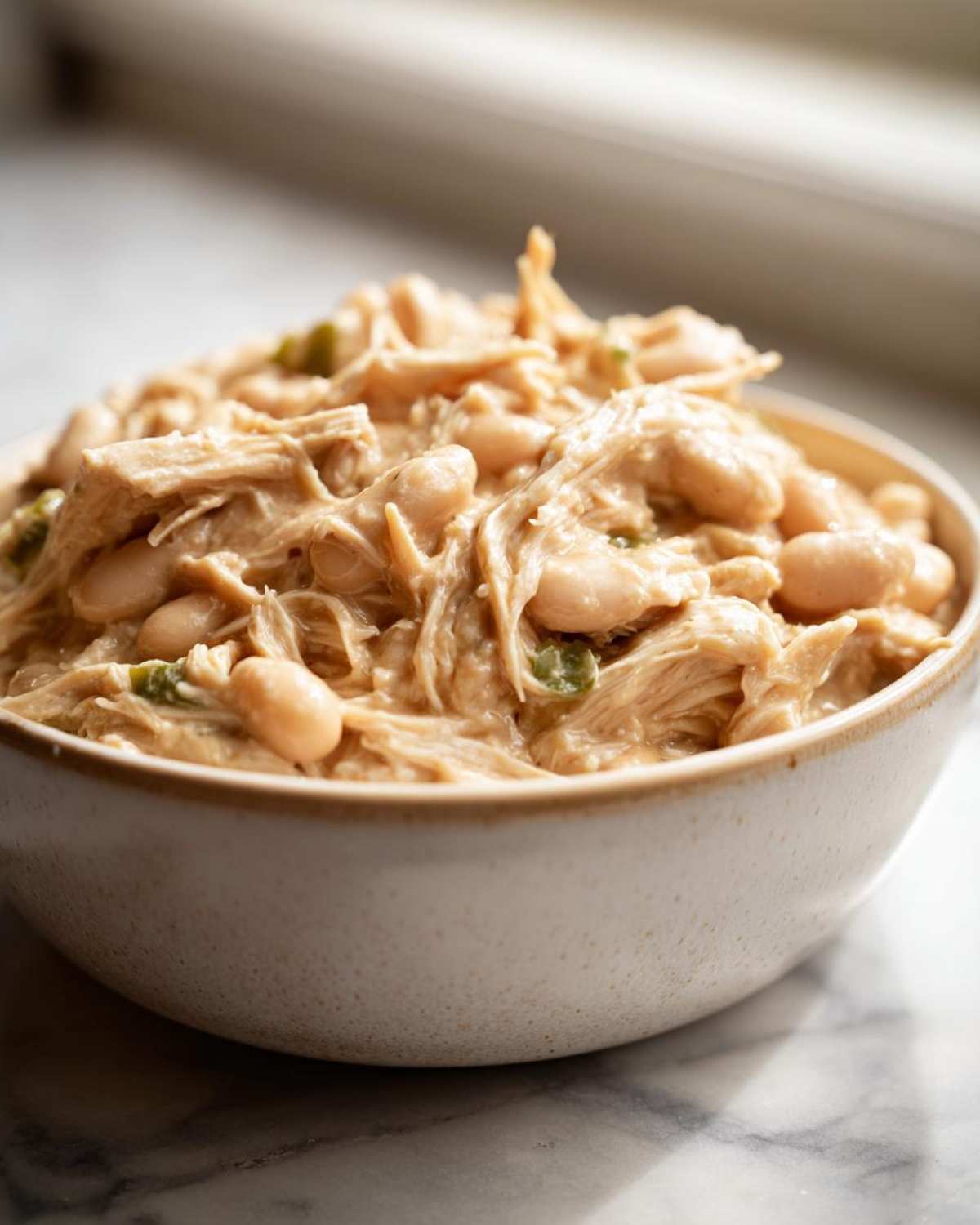 A close-up of a bowl filled with creamy crockpot white chicken chili featuring shredded chicken and white beans.