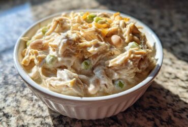 Close-up of a white bowl filled with creamy crockpot white chicken chili, showing shredded chicken, beans, and green onions.