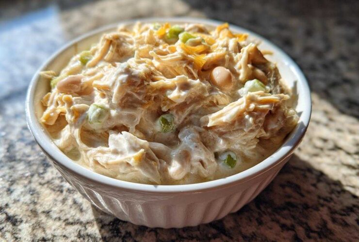 Close-up of a white bowl filled with creamy crockpot white chicken chili, showing shredded chicken, beans, and green onions.
