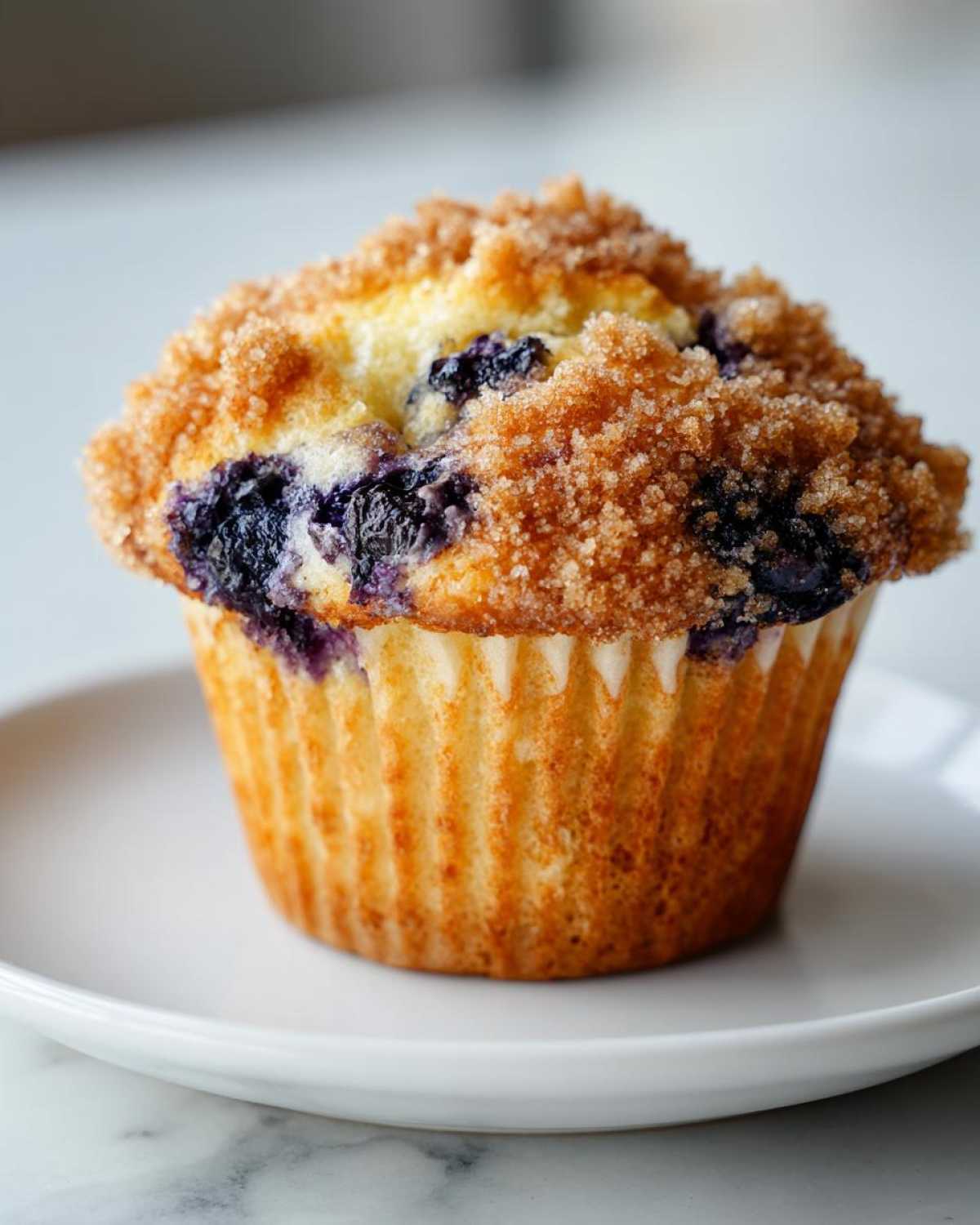 A perfectly baked blueberry muffin with a generous brown sugar crumb topping, sitting on a white plate.