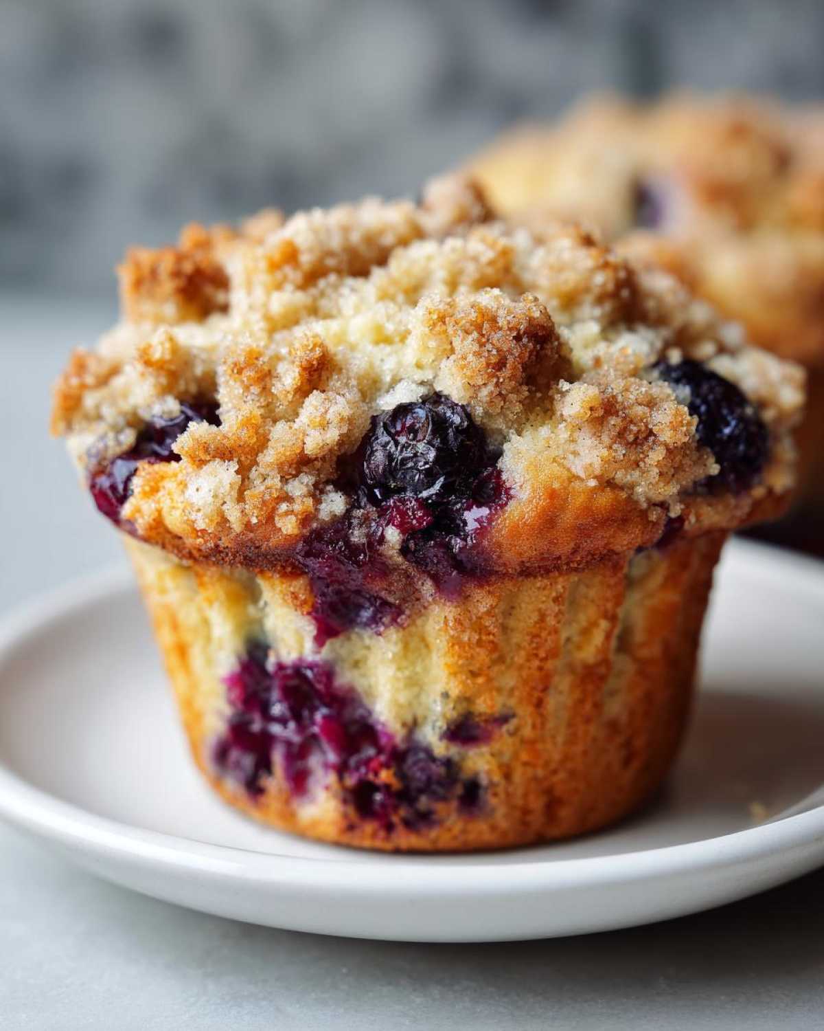 A close-up of a golden brown blueberry muffin topped with crunchy streusel, showing bursting blueberries.