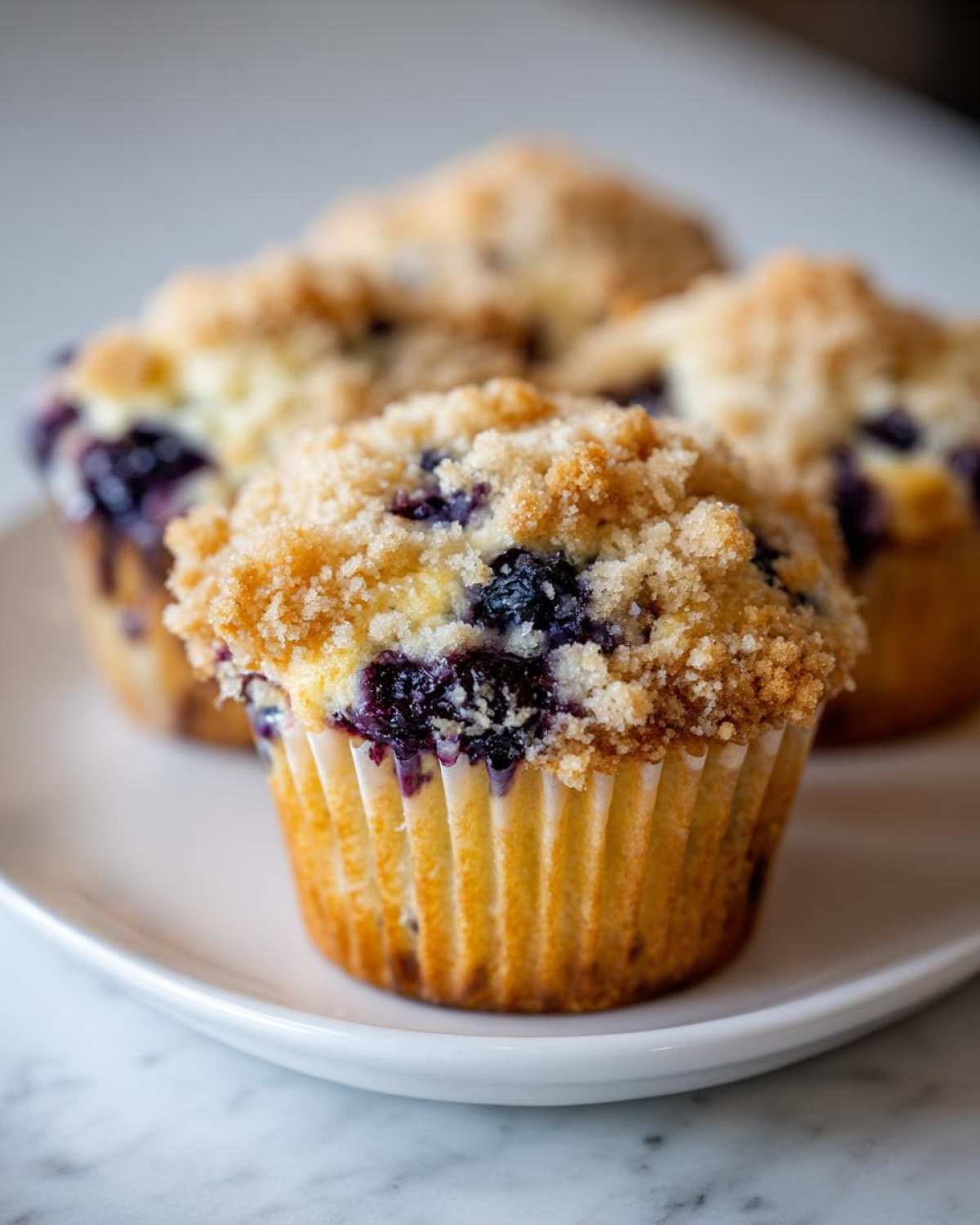 A close-up of a freshly baked blueberry muffin with a generous streusel crumb topping, sitting on a white plate.