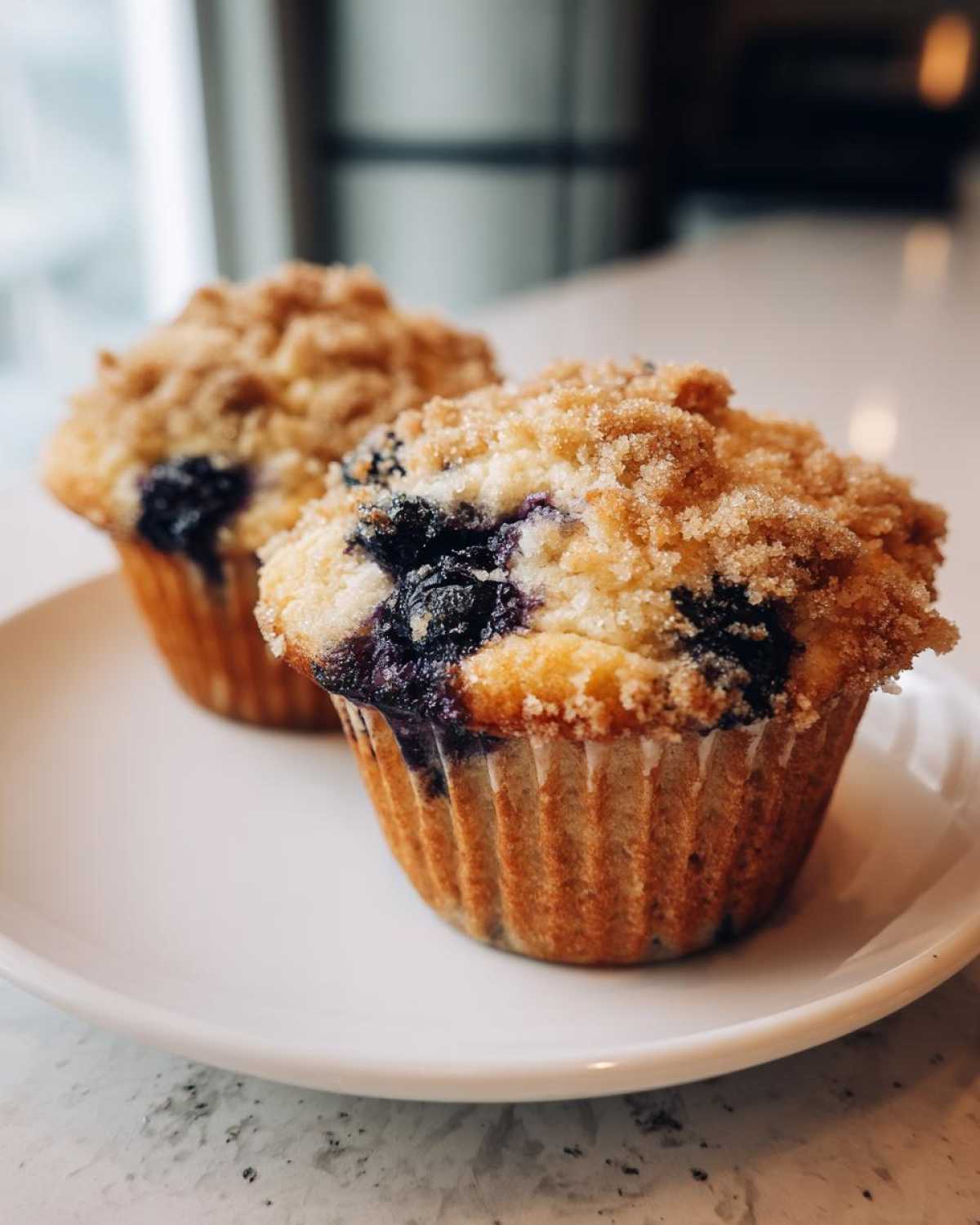 Close-up of two freshly baked blueberry muffins with a generous, sugary crumb topping resting on a white plate.