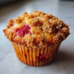 A close-up of a single, golden-brown strawberry muffins topped with a generous layer of streusel crumb topping.