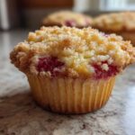 A close-up of a single strawberry muffin with a golden crumb topping and visible bright red strawberry pieces.