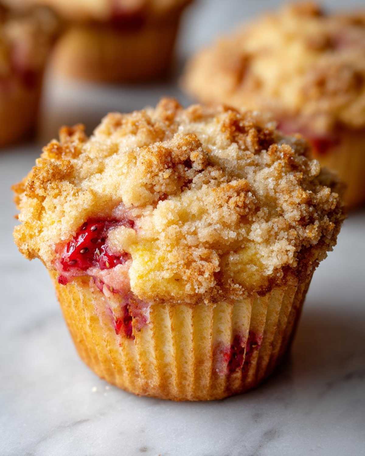 A close-up of a freshly baked strawberry muffins featuring a golden, sugary crumb topping and visible pieces of bright red strawberry.