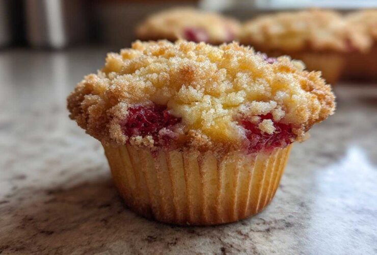A close-up of a single strawberry muffin with a golden crumb topping and visible bright red strawberry pieces.