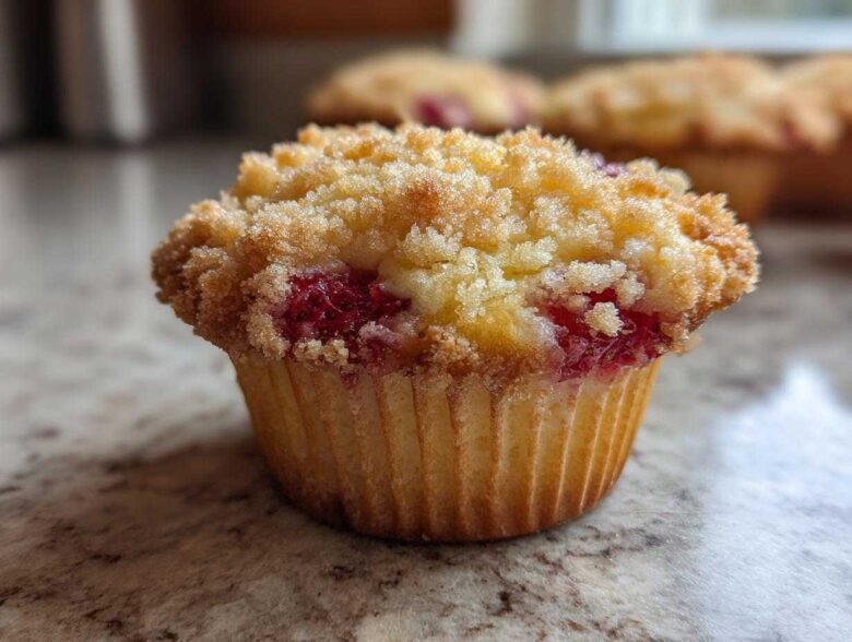 A close-up of a single strawberry muffin with a golden crumb topping and visible bright red strawberry pieces.