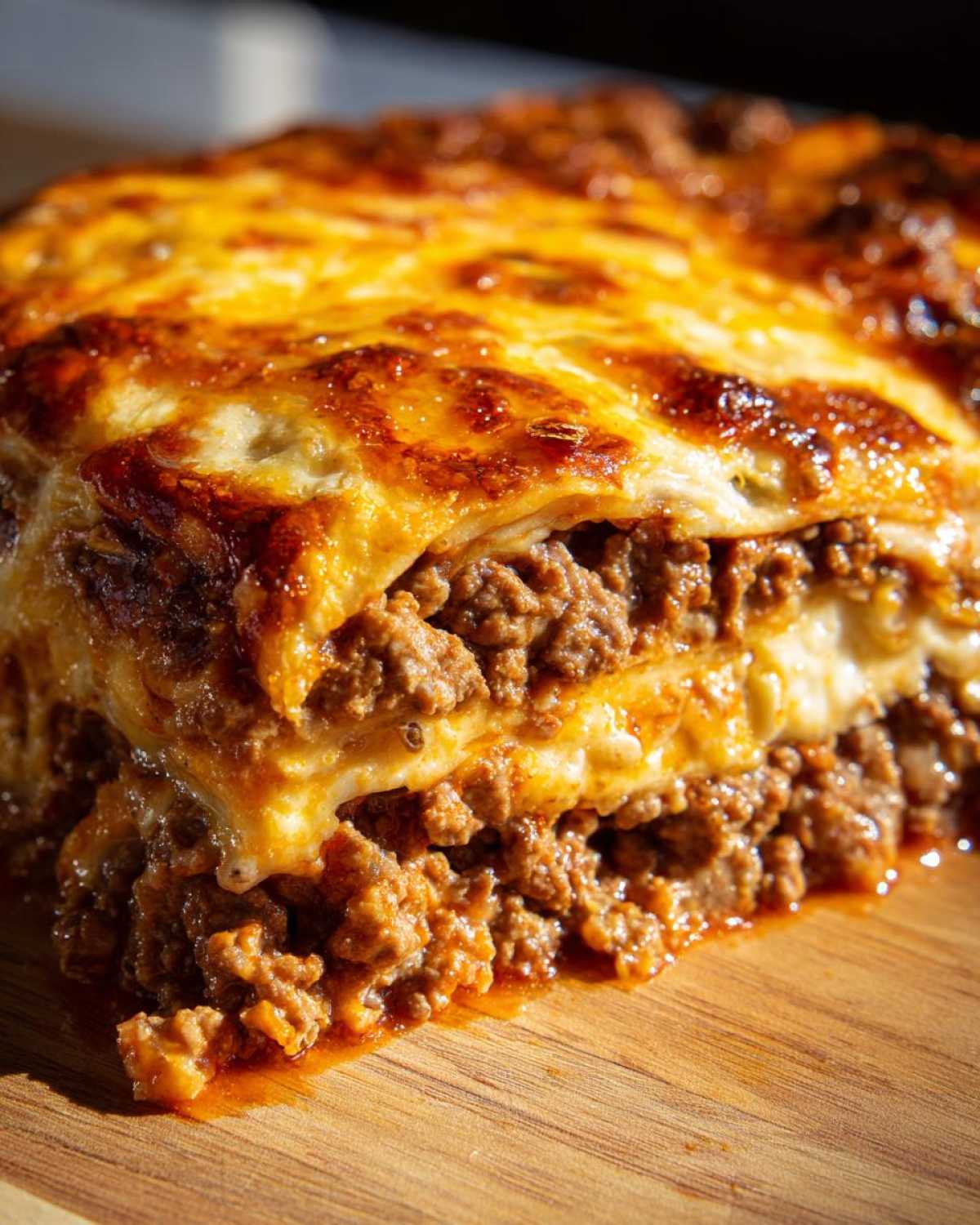 A close-up, appetizing shot of a layered slice of Dorito Casserole with browned, melted cheese on top and rich ground meat filling.