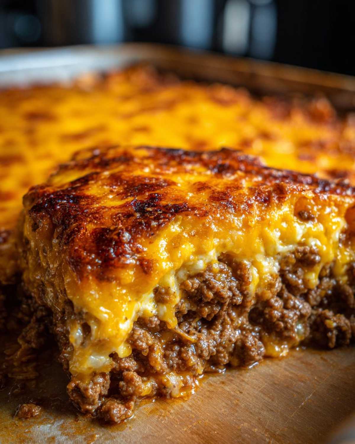 A thick slice of Dorito Casserole showing a rich layer of seasoned ground beef topped with bubbly, browned cheddar cheese.