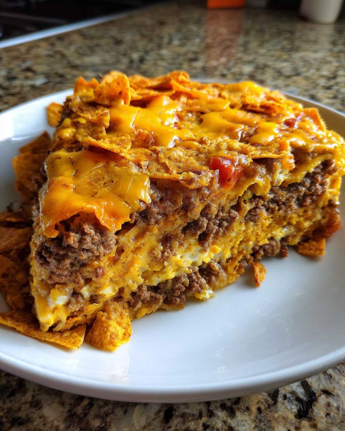 Close-up of a hearty slice of Dorito Casserole layered with ground beef, sauce, and melted cheddar cheese.