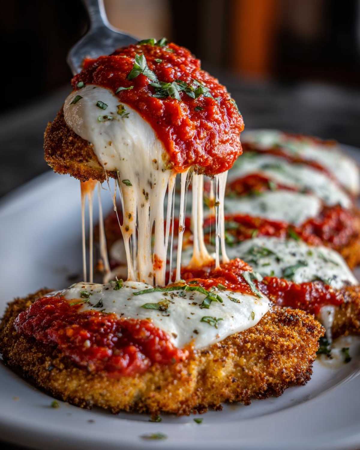 A fork lifts a piece of Easy Chicken Parmesan showing long, melted cheese pulls over marinara sauce.