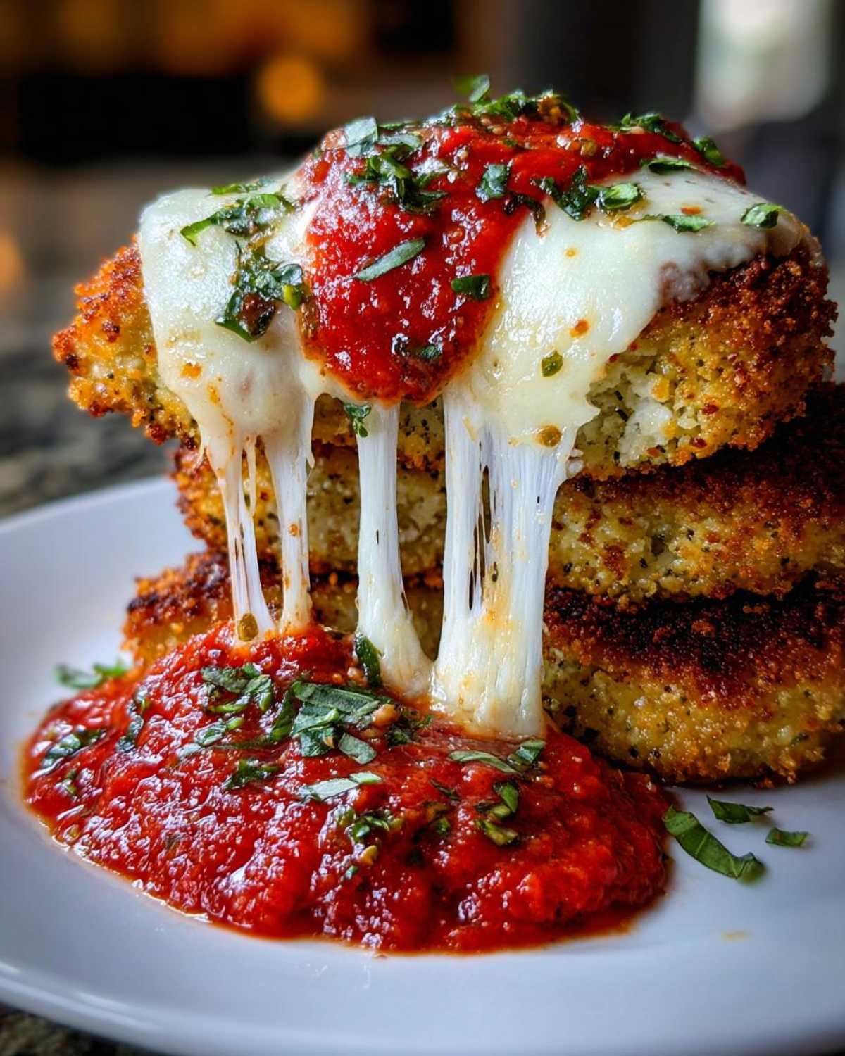 Stack of breaded chicken cutlets topped with marinara sauce and melted mozzarella cheese showing a dramatic cheese pull for Easy Chicken Parmesan.