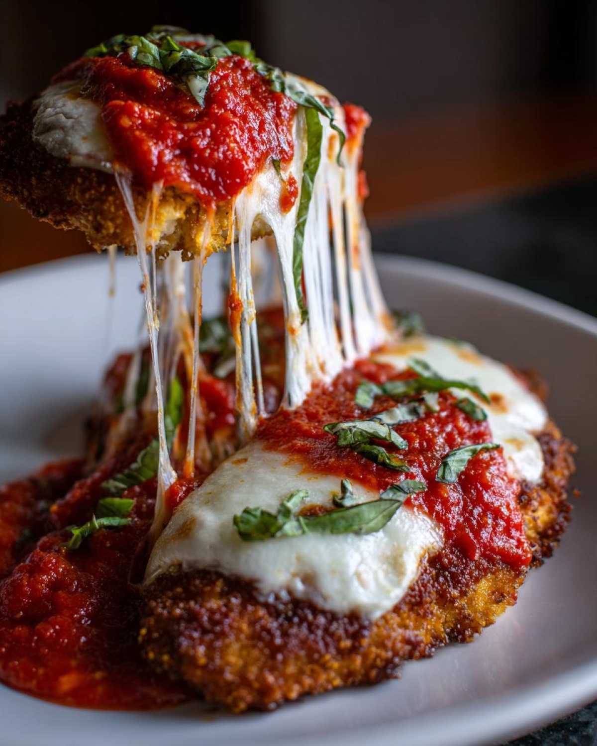 A piece of Easy Chicken Parmesan is lifted, showing long, dramatic cheese pulls over the saucy, breaded cutlet.