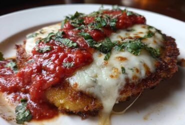 Close-up of a breaded chicken cutlet topped with melted mozzarella, marinara sauce, and fresh basil for Easy Chicken Parmesan.