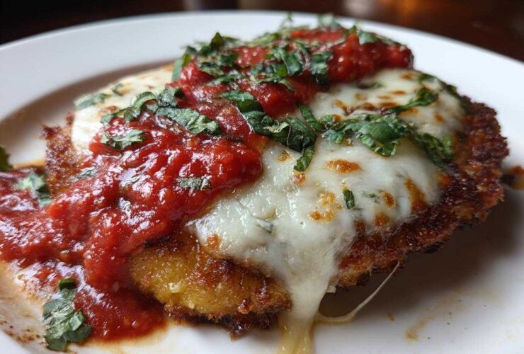 Close-up of a breaded chicken cutlet topped with melted mozzarella, marinara sauce, and fresh basil for Easy Chicken Parmesan.