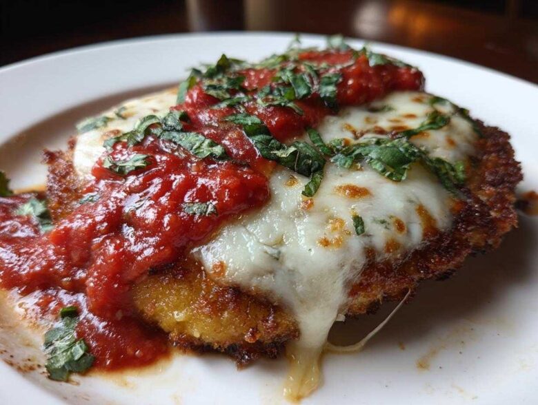 Close-up of a breaded chicken cutlet topped with melted mozzarella, marinara sauce, and fresh basil for Easy Chicken Parmesan.
