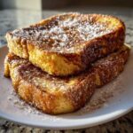 Two thick slices of golden brown easy french toast stacked and dusted heavily with powdered sugar.