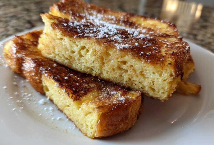 Close-up of thick, golden brown easy french toast slices dusted with powdered sugar on a white plate.