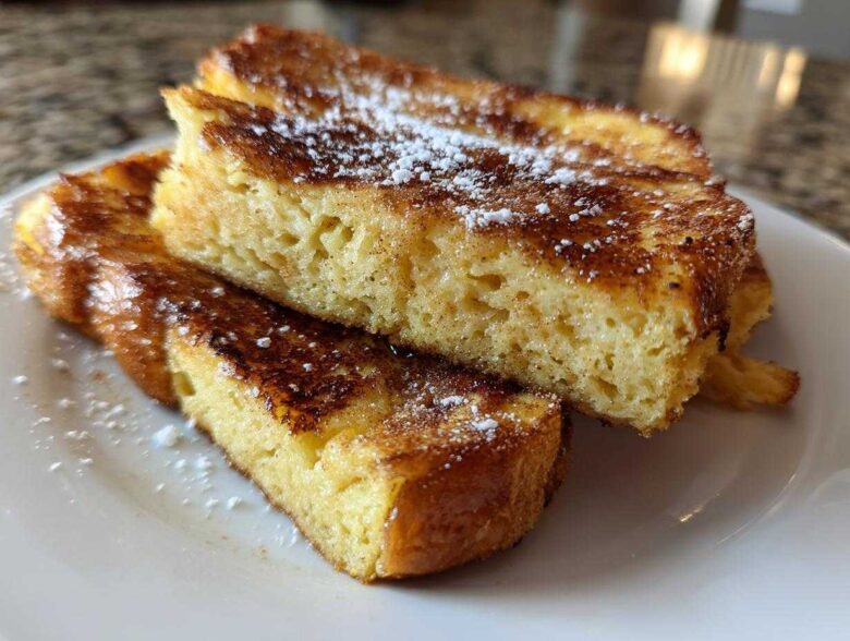 Close-up of thick, golden brown easy french toast slices dusted with powdered sugar on a white plate.
