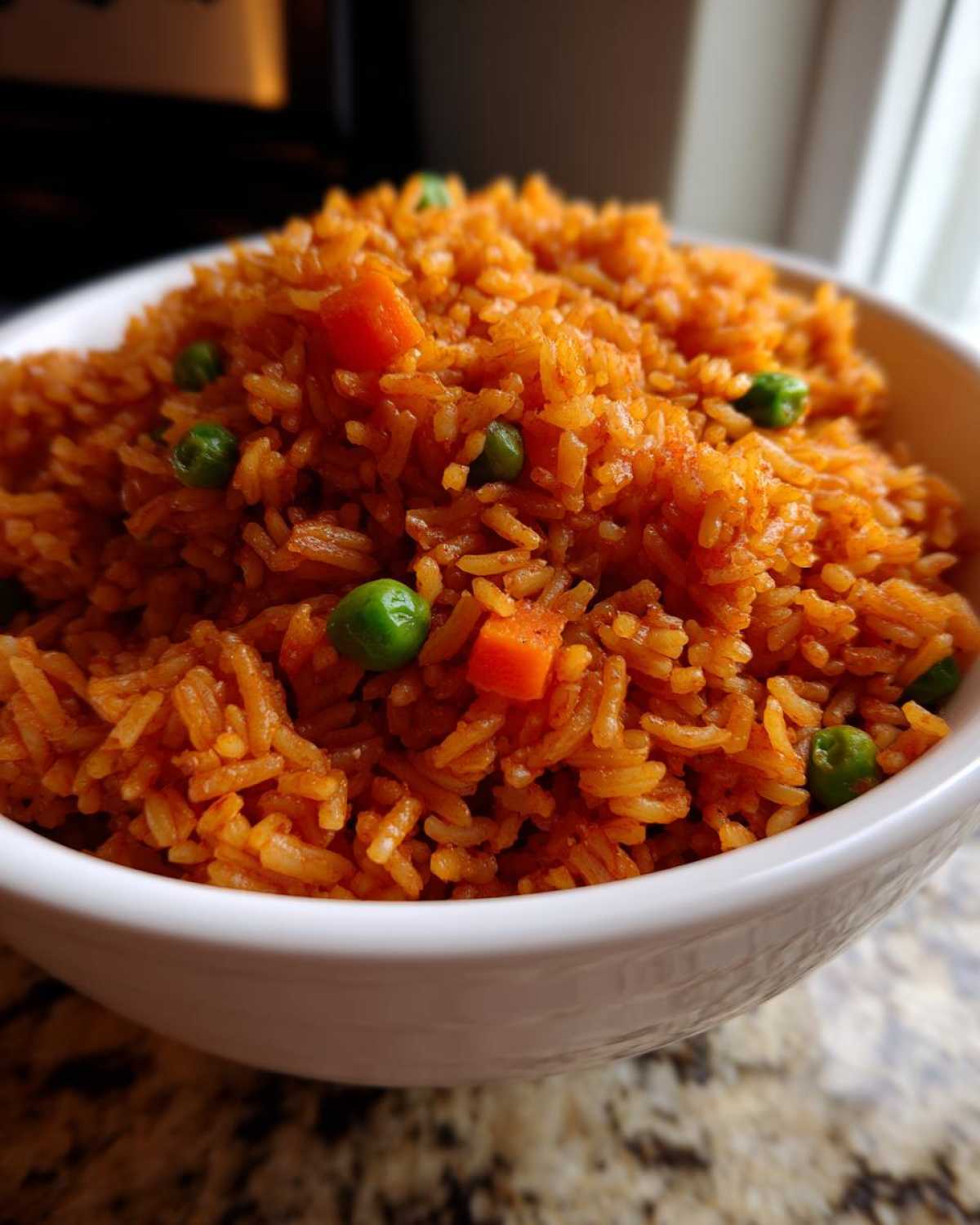 Close-up of fluffy, orange-red spanish rice mixed with bright green peas and diced carrots in a white bowl.