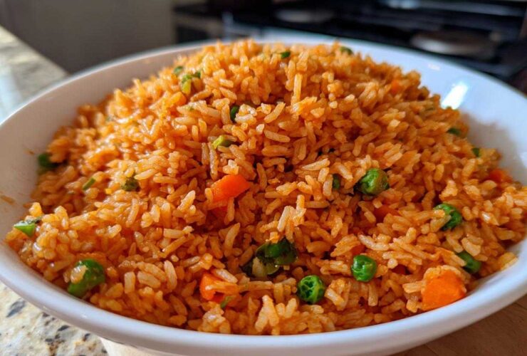 Close-up of a white bowl filled with vibrant orange spanish rice mixed with peas and carrots.