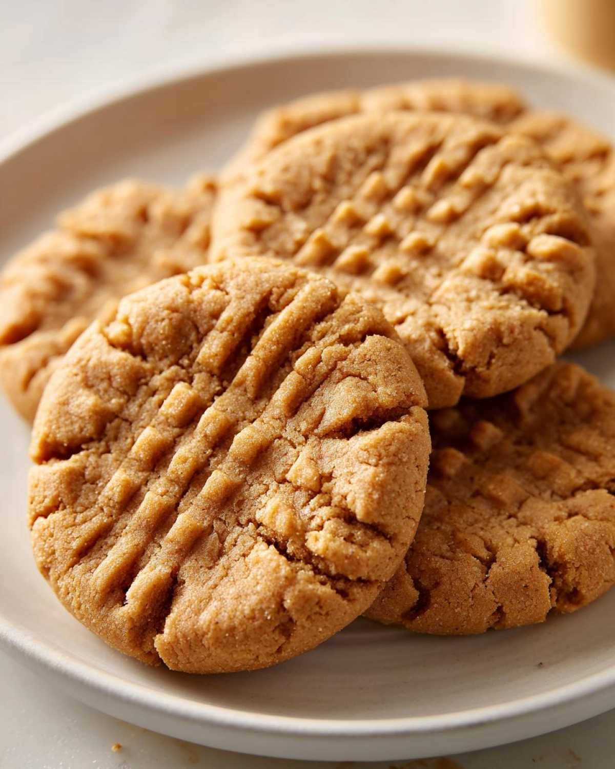 A close-up stack of freshly baked Easy Peanut Butter Cookies showing the classic crisscross fork marks on a light plate.