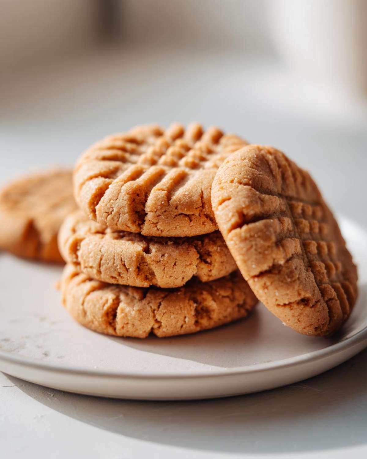 A close-up stack of four golden brown Easy Peanut Butter Cookies showing classic crisscross fork marks on top.