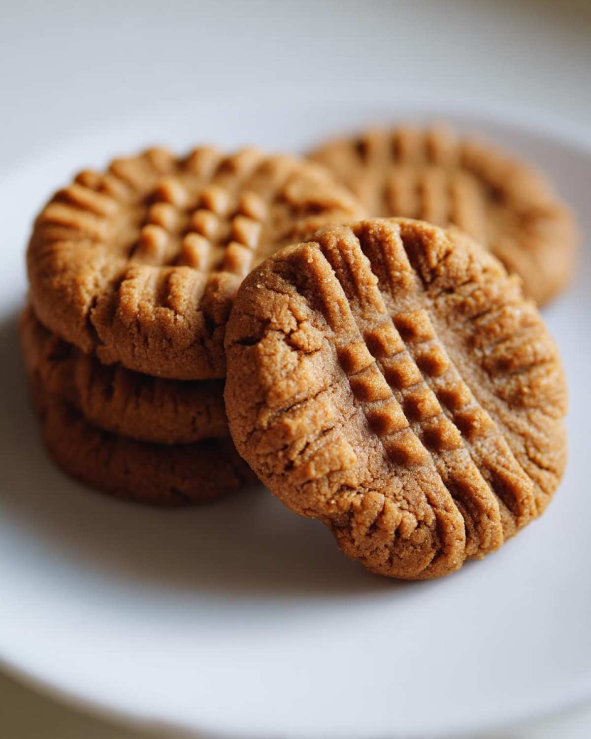 Close-up of a stack of Easy Peanut Butter Cookies showing the classic crisscross fork marks on a white plate.