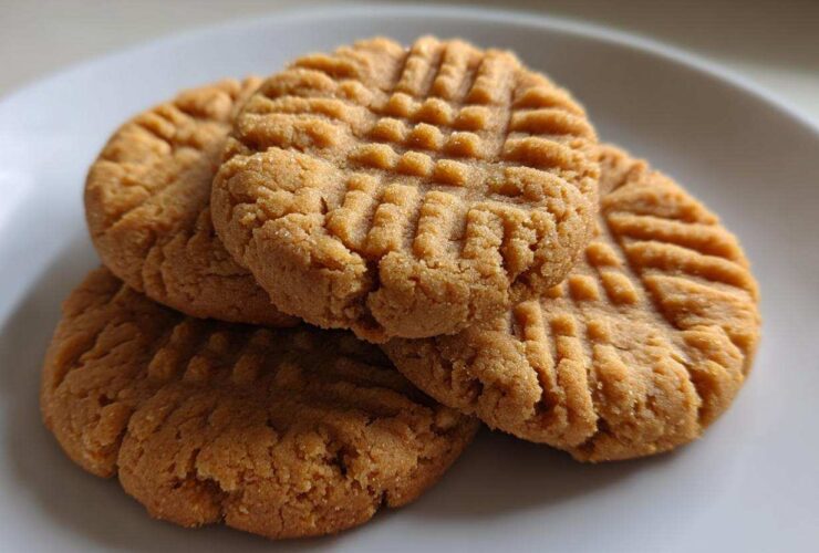 Close-up of a small stack of golden brown Easy Peanut Butter Cookies showing classic criss-cross fork marks on a white plate.