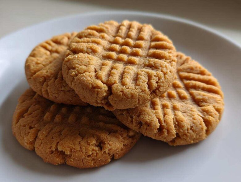 Close-up of a small stack of golden brown Easy Peanut Butter Cookies showing classic criss-cross fork marks on a white plate.