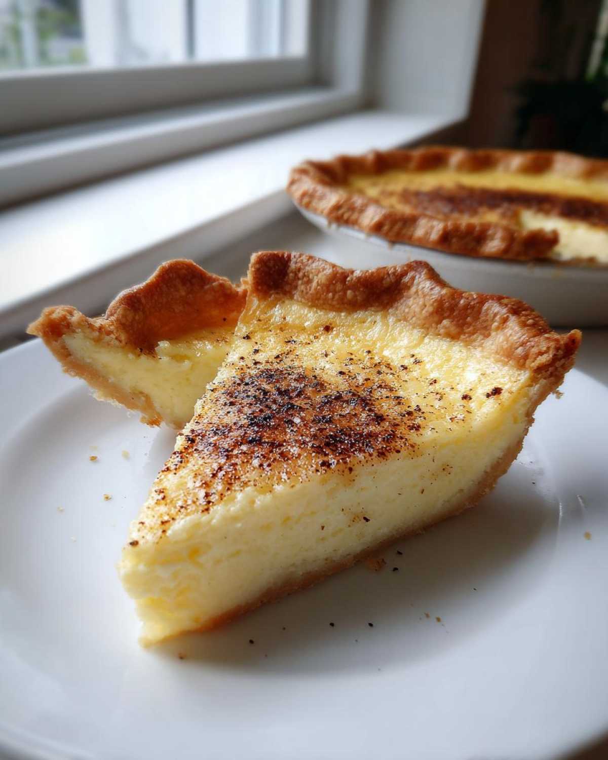 A close-up of a creamy slice of egg custard tart dusted with nutmeg, sitting on a white plate.
