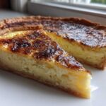 A slice of golden brown, caramelized egg custard tart resting next to the main tart on a white plate.
