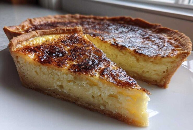 A slice of golden brown, caramelized egg custard tart resting next to the main tart on a white plate.