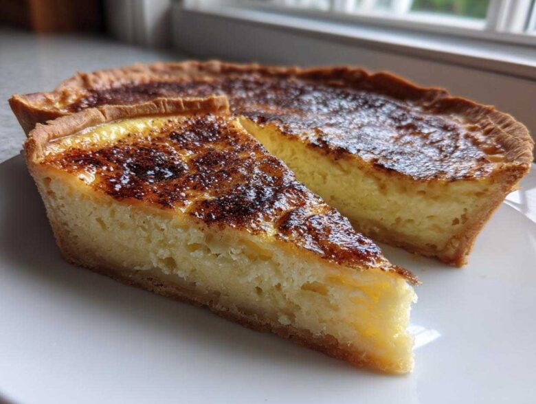 A slice of golden brown, caramelized egg custard tart resting next to the main tart on a white plate.