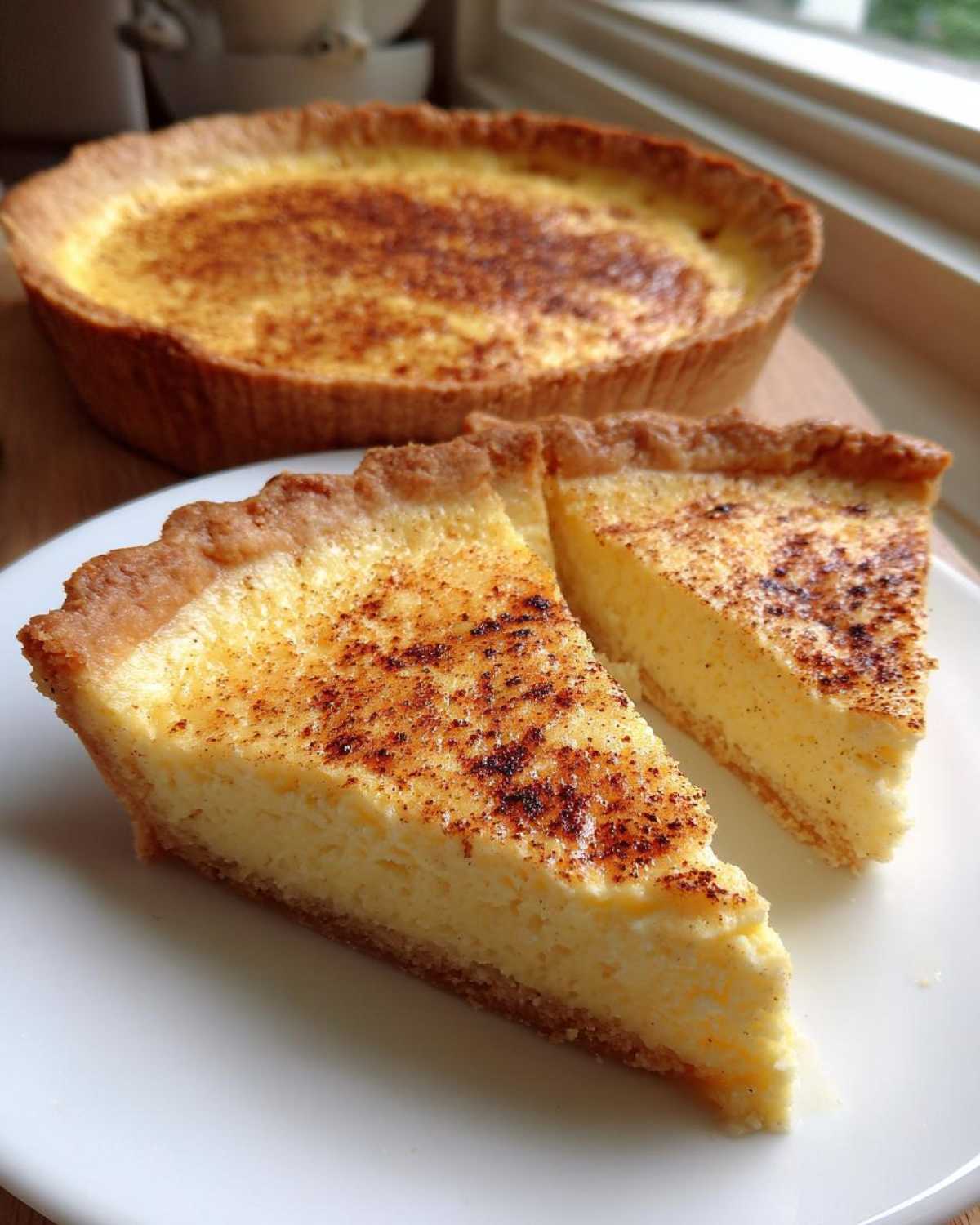 Two slices of creamy egg custard tart dusted with nutmeg, with the whole tart visible in the background.