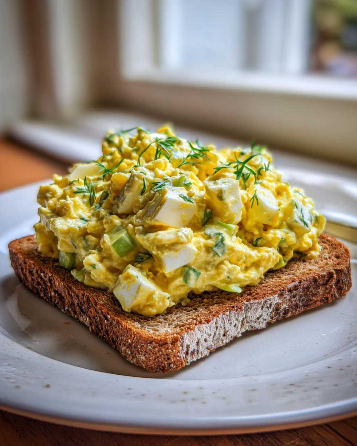 A generous scoop of creamy, yellow egg salad recipe piled high on a slice of dark whole wheat toast, garnished with dill.