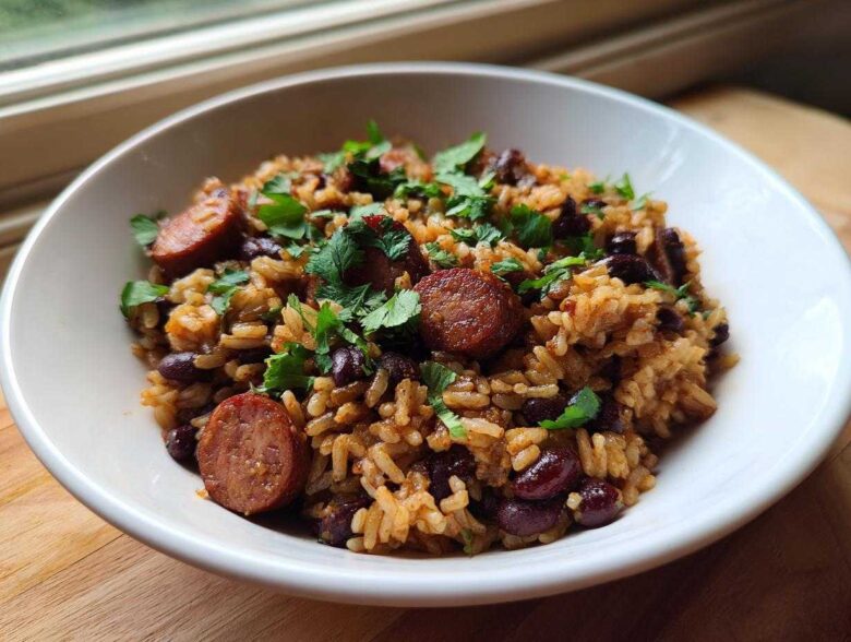 A white bowl filled with savory black beans and rice mixed with sliced sausage and topped with fresh cilantro.