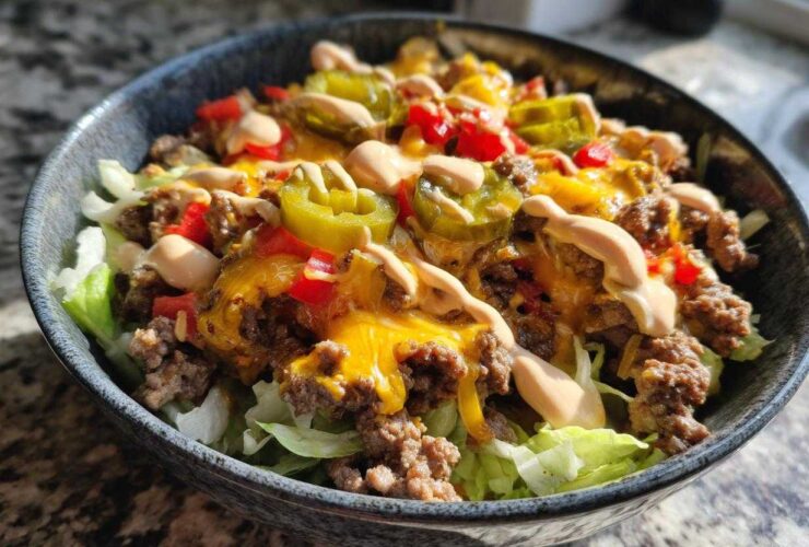 Close-up of a vibrant cheeseburger bowl featuring ground beef, melted cheddar cheese, jalapeños, and special sauce over lettuce.