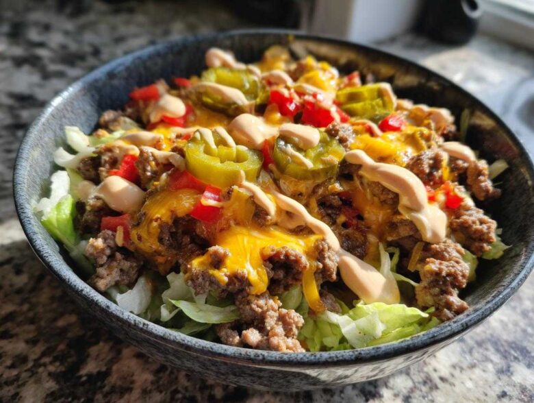 Close-up of a vibrant cheeseburger bowl featuring ground beef, melted cheddar cheese, jalapeños, and special sauce over lettuce.